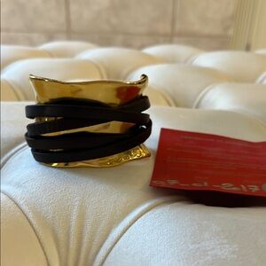 Large Uno de 50 18K Gold Cuff Ibiza Bracelet with Chocolate Brown leather detail